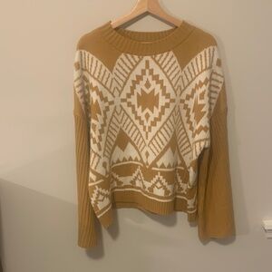 Neutral Aztec Crew Neck Sweater - Mustard/Cream